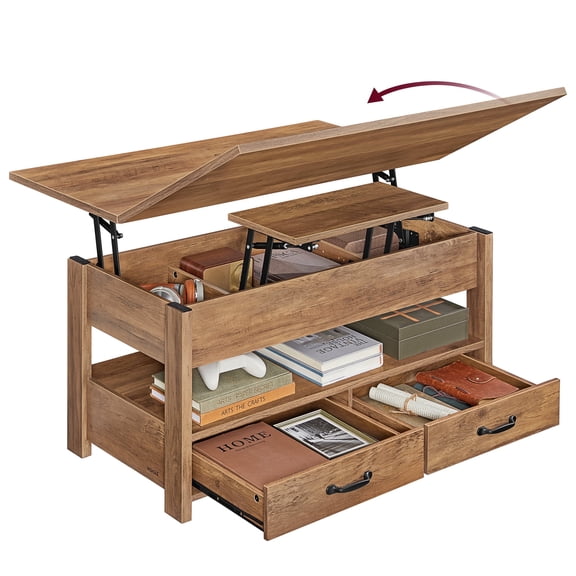 VASAGLE Lift Top Coffee Table, Center Table with Storage, Gas Spring, 2 Drawers and 3 Hidden Compartments, Open Shelf, Home Office, Honey Brown