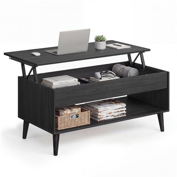 VASAGLE Lift Top Coffee Table, Lift Tabletop Dining Table, Gas Spring, Hidden Compartment, Open Storage Shelf, Charcoal Gray