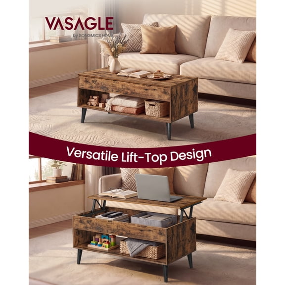 VASAGLE Lift Top Coffee Table, Lift Tabletop Dining Table, Gas Spring, Hidden Compartment, Open Storage Shelf, Rustic Brown