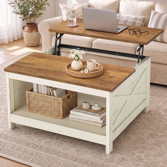 VASAGLE Lift Top Coffee Table, Square Farmhouse Coffee Table with Storage 31.5" Small Space Home Furniture, Rustic White and Honey Brown