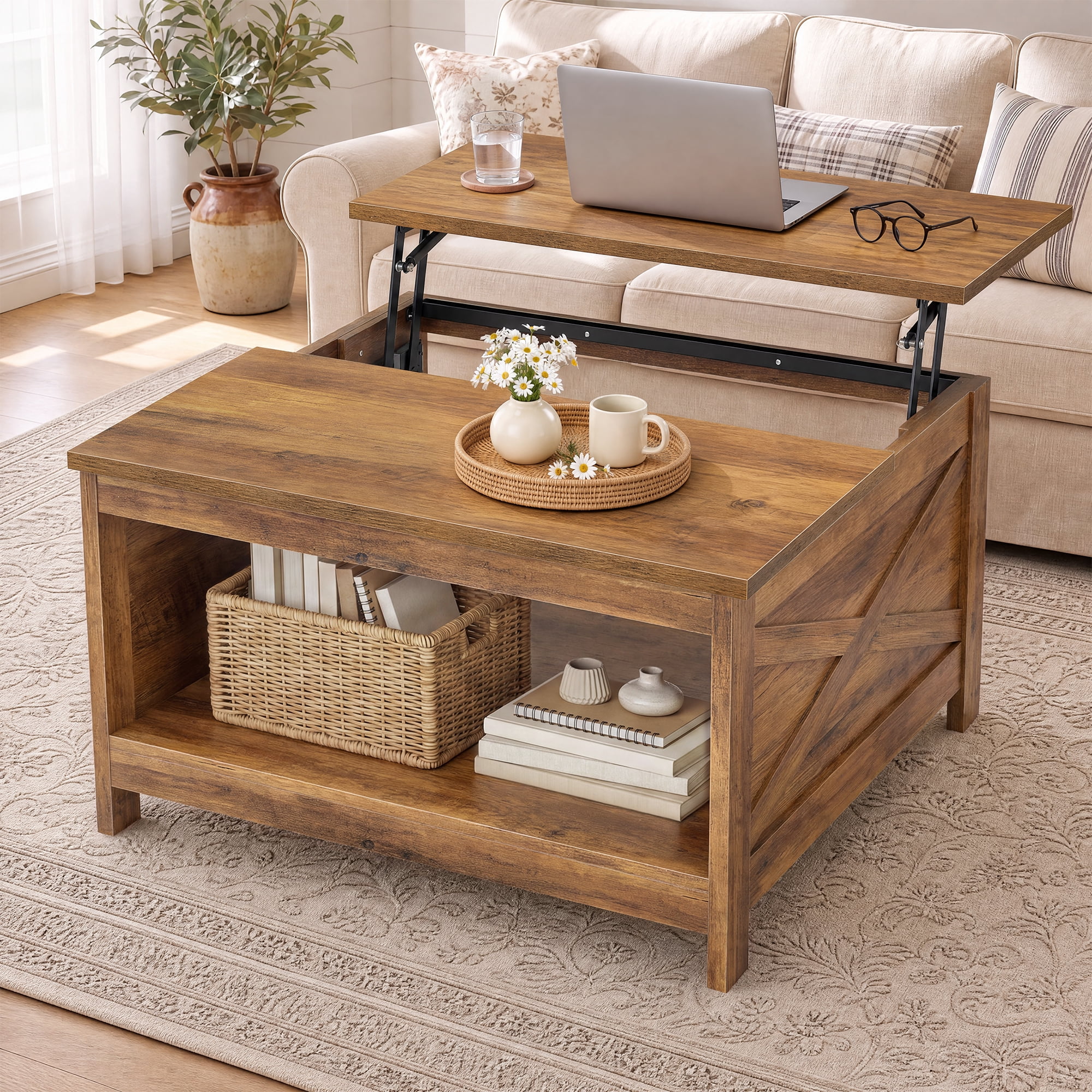 VASAGLE Lift Top Coffee Table, Square Farmhouse Coffee Table with ...