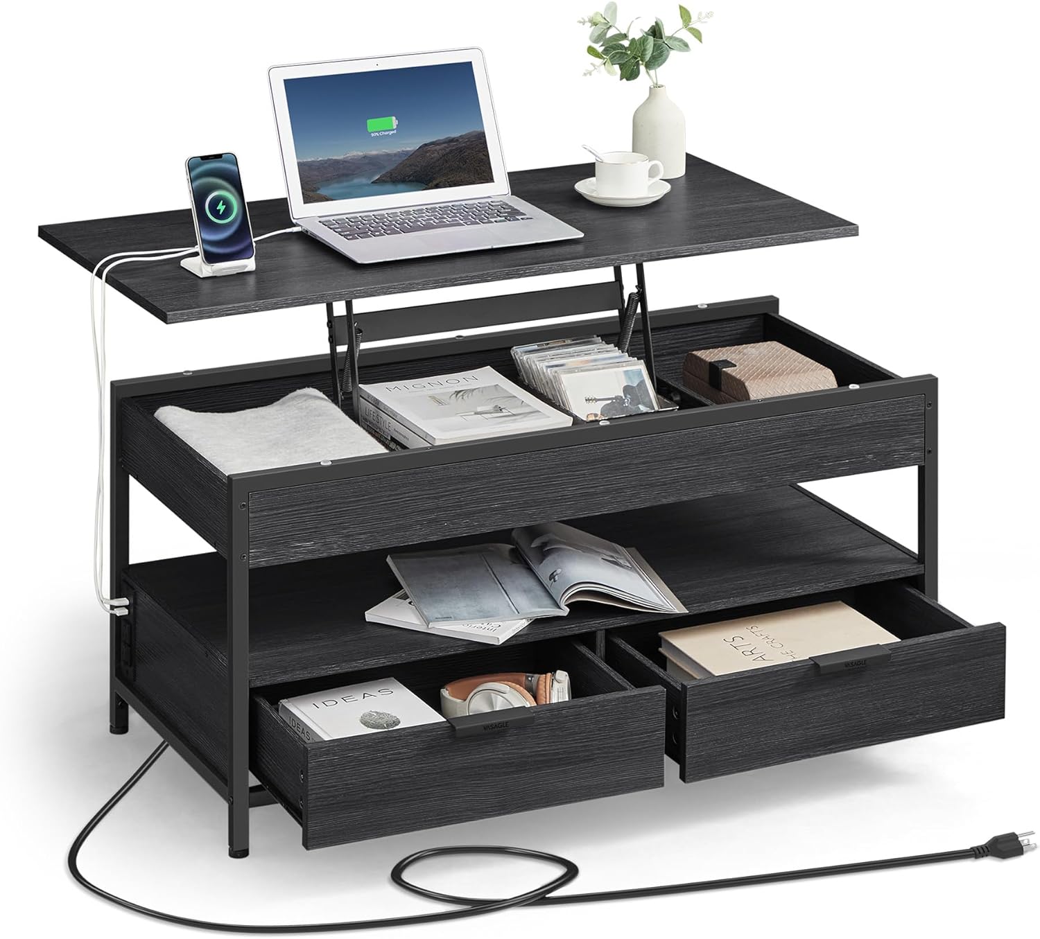 VASAGLE Lift Top Coffee Table with Storage Drawers and Charging Station