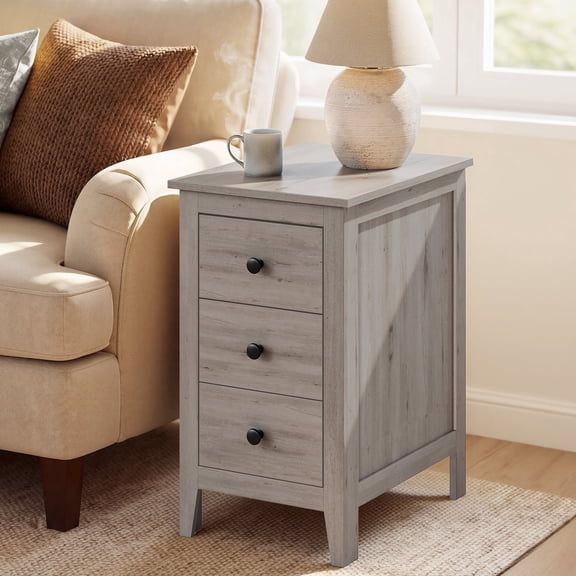 VASAGLE Liry Collection-Farmhouse Side End Table with 3 Drawers, Slim Nightstand with Storage, Narrow Bedside Table, Washed Gray