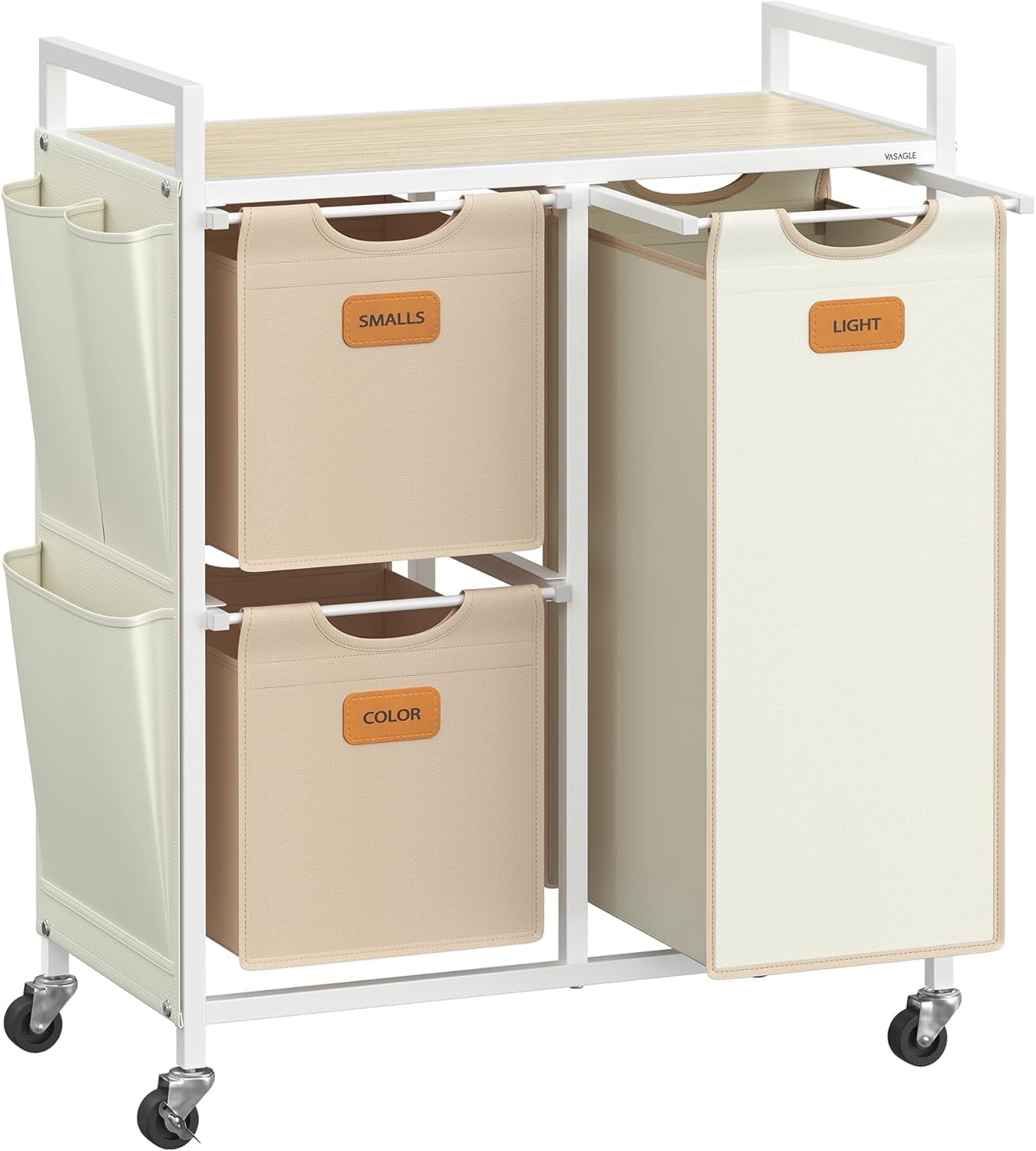 VASAGLE Beige and Brown 3-Compartment Rolling Laundry Sorter