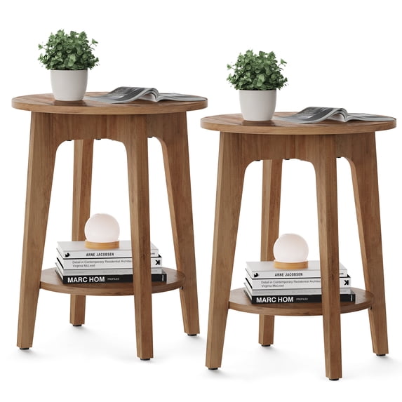 VASAGLE MAEZO Collection - Set of 2 Side Tables, 2-Tier Small Round End Tables, Nightstands with Tapered Legs, Curved Transitions, for Small Spaces, Living Room, Bedroom, Honey Brown