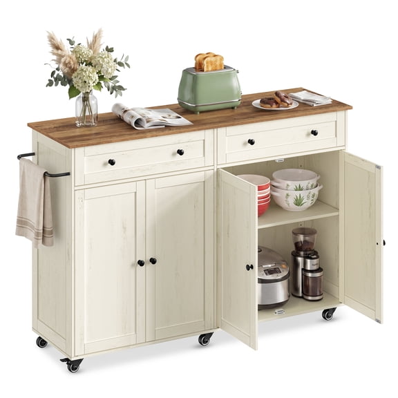 VASAGLE Mobile Kitchen Island, Portable Island on Wheels, Mobile Cart with Storage Cabinet, 15.7 x 53.7 x 35.1 Inches, Rustic White and Honey Brown