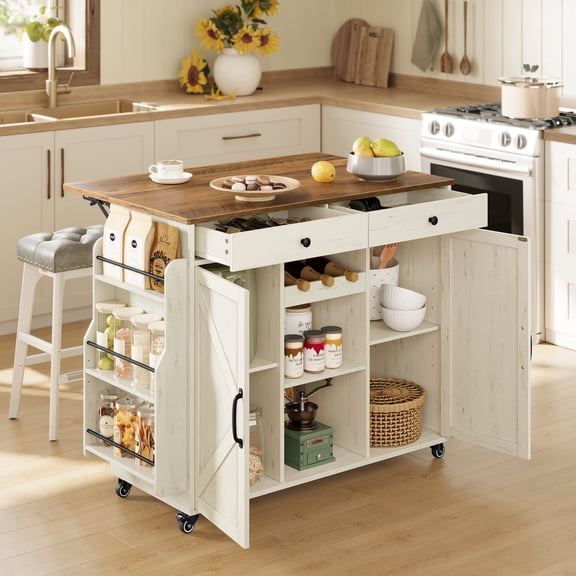 VASAGLE Mobile Kitchen Island with Drop Leaf, Portable Island with Spice Rack, Mobile Cart with Storage Cabinet, Rustic White and Honey Brown