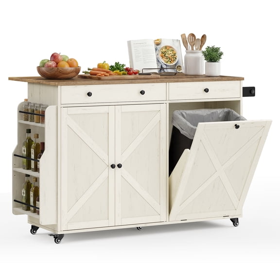 VASAGLE Mobile Kitchen Island with Trash Can Storage, Drop Leaf, Portable Island, Mobile Cart with Storage Cabinet, Rustic White and Brown