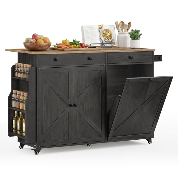 VASAGLE Mobile Kitchen Island with Trash Can Storage, Drop Leaf, Portable Island with Spice Rack, Mobile Cart with Storage Cabinet, Black and Brown