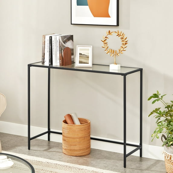 VASAGLE 39.4" Console Sofa Entryway Table Glass Table with Adjustable Feet Narrow Glass Table for Bedroom Living Room Hallway Black