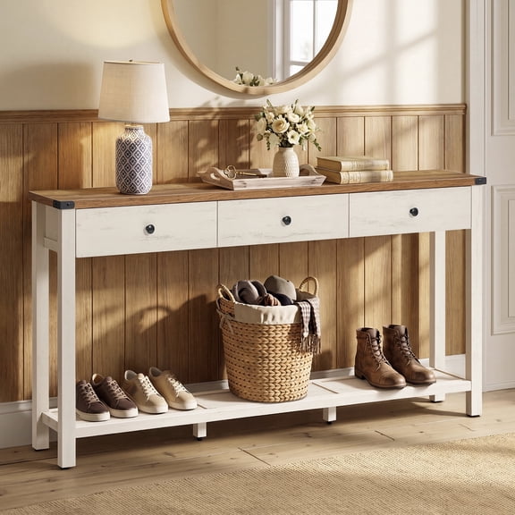 VASAGLE Narrow Console Table with Drawers and Shelf, Long Sofa Table, 63 x 9.4 x 29.9 Inch, Cloud White and Warm Earth Brown, Liry Collection