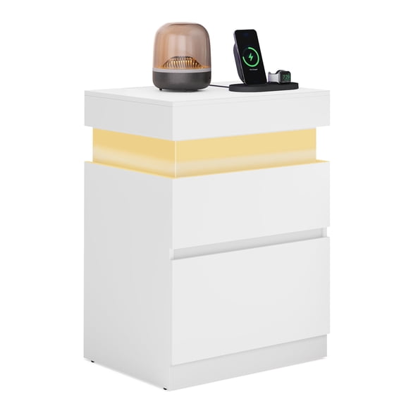 VASAGLE Nightstand with Power Outlets, Sliding Lid, Modern Bedside Table with LED Lights, End Table, 2 Drawers,15.7 x 18.9 x 26.8 Inches, Cloud White
