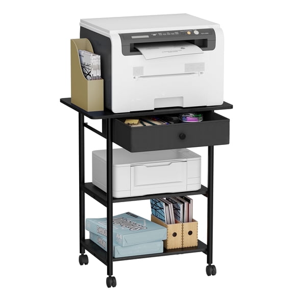 VASAGLE Printer Stand, Rolling Printer Cart, Mobile with Lockable Wheels, Steel Frame, 2 Storage Shelves Removable Drawer, 3-Tier, Ebony Black