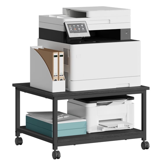 VASAGLE Printer Stand, Rolling Printer Cart, Under Desk Table, Mobile with Lockable Wheels, Steel Frame, Storage Shelf, 2-Tier, Ebony Black