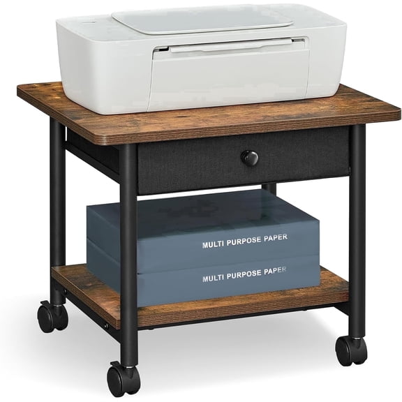 VASAGLE Printer Stand, Under Desk Printer Stand with Wheels, Drawer with Divider, Bottom Shelf, Rustic Brown and Ink Black