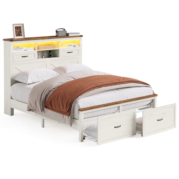VASAGLE Queen Bed Frame with Storage Headboard, 51.3-Inch Tall Farmhouse Bed Frame Queen Size with 4 Drawers, LED Lights, Charging Station, Noise-Free, No Box Spring Needed, Rustic White