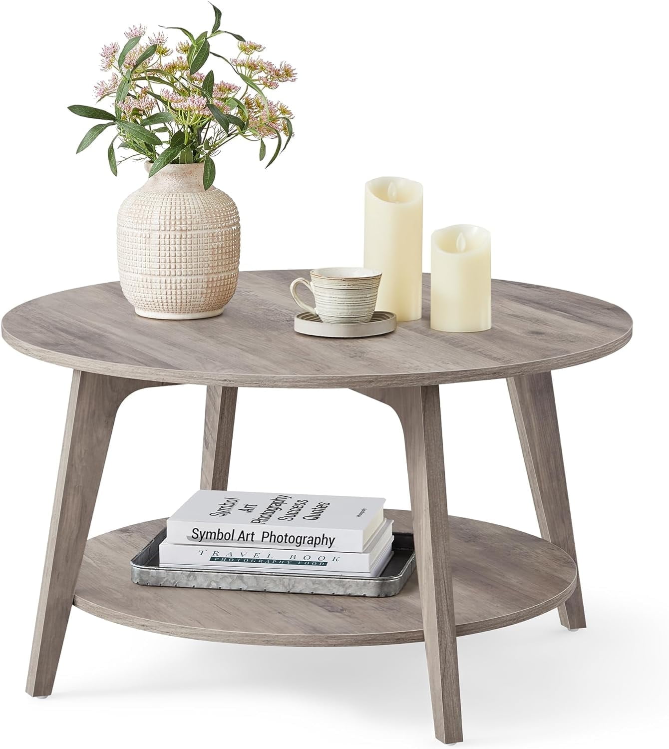 VASAGLE Round Coffee Table, 2 Tier Coffee Table with Storage, for Living Room, 31.5 x 17.7 Inches, Easy to Assemble, Heather Greige
