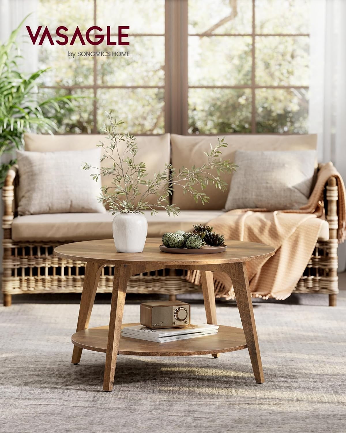 VASAGLE Round Coffee Table, 2 Tier Coffee Table with Storage, for