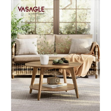 VASAGLE Round Coffee Table, 2 Tier Coffee Table with Storage, for Living Room, 31.5 x 17.7 Inches, Easy to Assemble, Honey Brown
