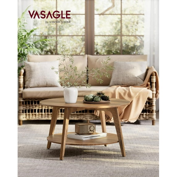VASAGLE Round Coffee Table, 2 Tier Coffee Table with Storage, for Living Room, 31.5 x 17.7 Inches, Easy to Assemble, Honey Brown