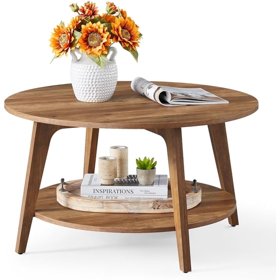 VASAGLE MAEZO Collection - Round Coffee Table, 2-Tier Center Table with Storage, Tapered Legs, Curved Transitions, 31.5 Dia. x 17.7 H Inches, Easy Assembly, for Living Room, Honey Brown