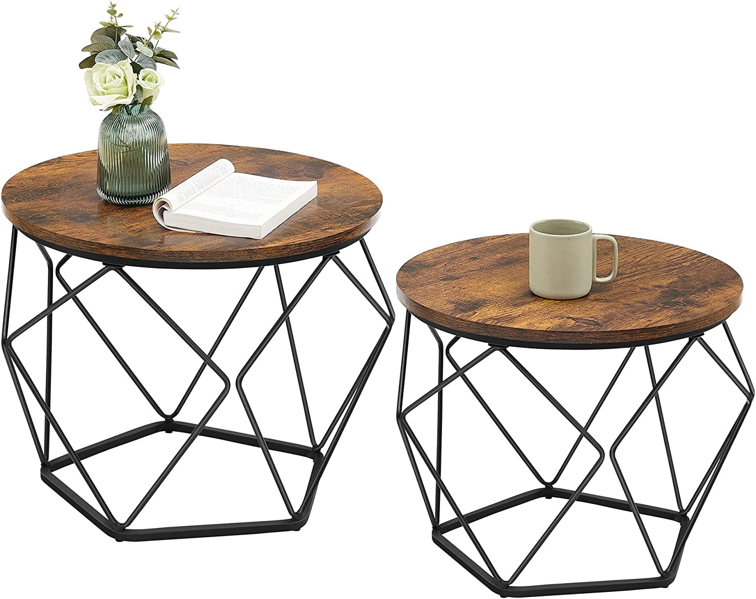 VASAGLE Round Coffee Table Set of 2 Living Room Tables Side End Table with  Steel Frame for Bedroom Rustic Brown and Black