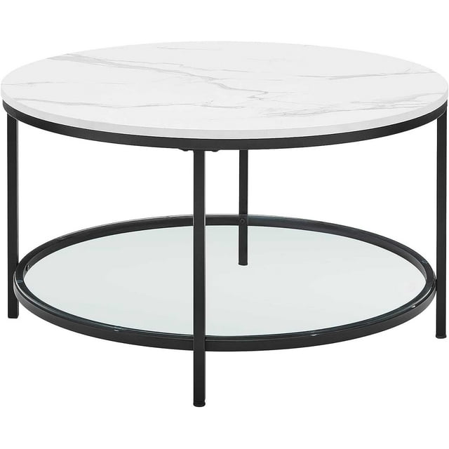 VASAGLE Round Coffee Table, Small Coffee Table with Faux Marble Top and Glass Storage Shelf, 2 ...