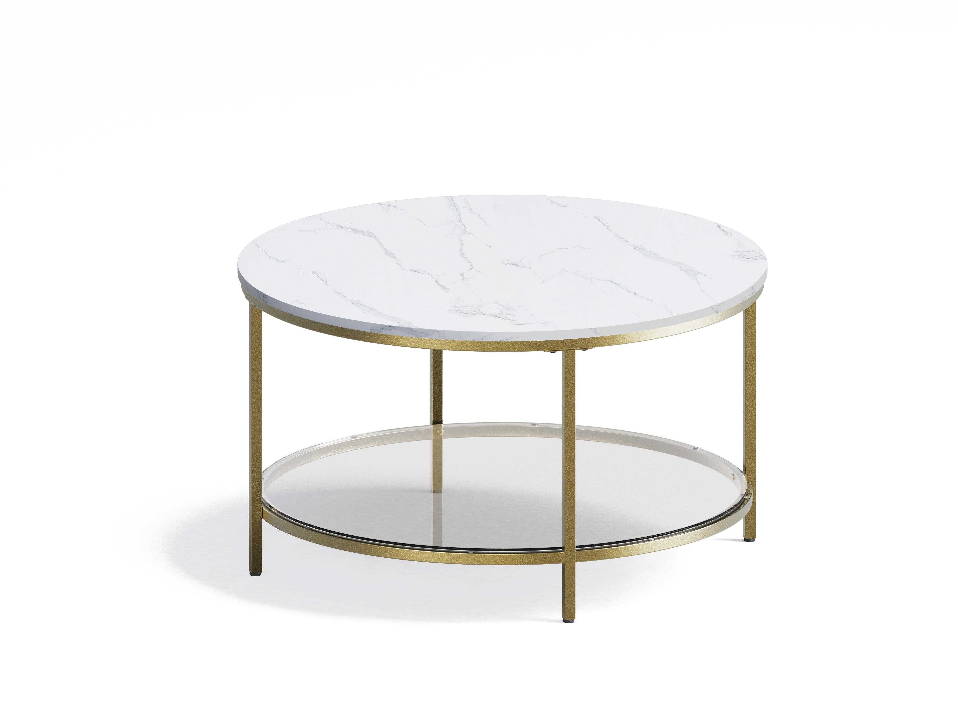 VASAGLE Round Coffee Table, 2-Tier Small Coffee Table with Faux Marble Top and Glass Shelf, Modern Style, for Living Room, 25.6 x 25.6 x 18.1 Inches, Marble White and Pale Gold
