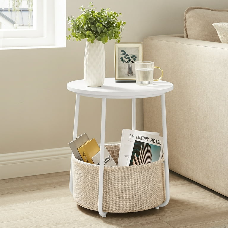VASAGLE Round End Side Table with Fabric Storage Basket Bedside Table  Nightstand for Living Room Bedroom Classic White Sand Beige 