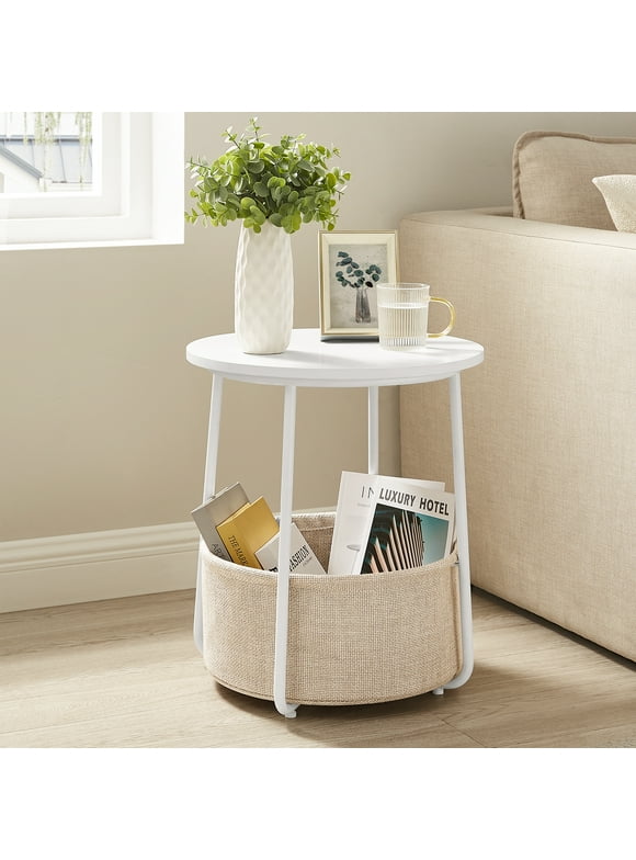 VASAGLE Round End Side Table with Fabric Storage Basket Bedside Table Nightstand for Living Room Bedroom Classic White Sand Beige