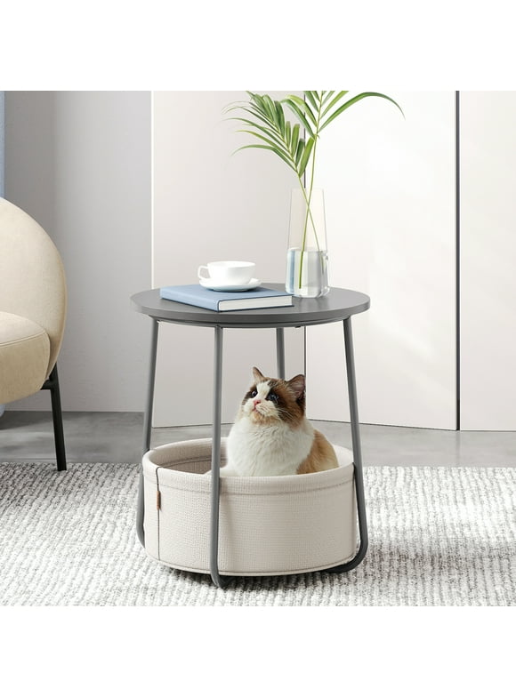 VASAGLE Round End Side Table with Fabric Storage Basket Bedside Table Nightstand for Living Room Bedroom Dove Gray Classic White