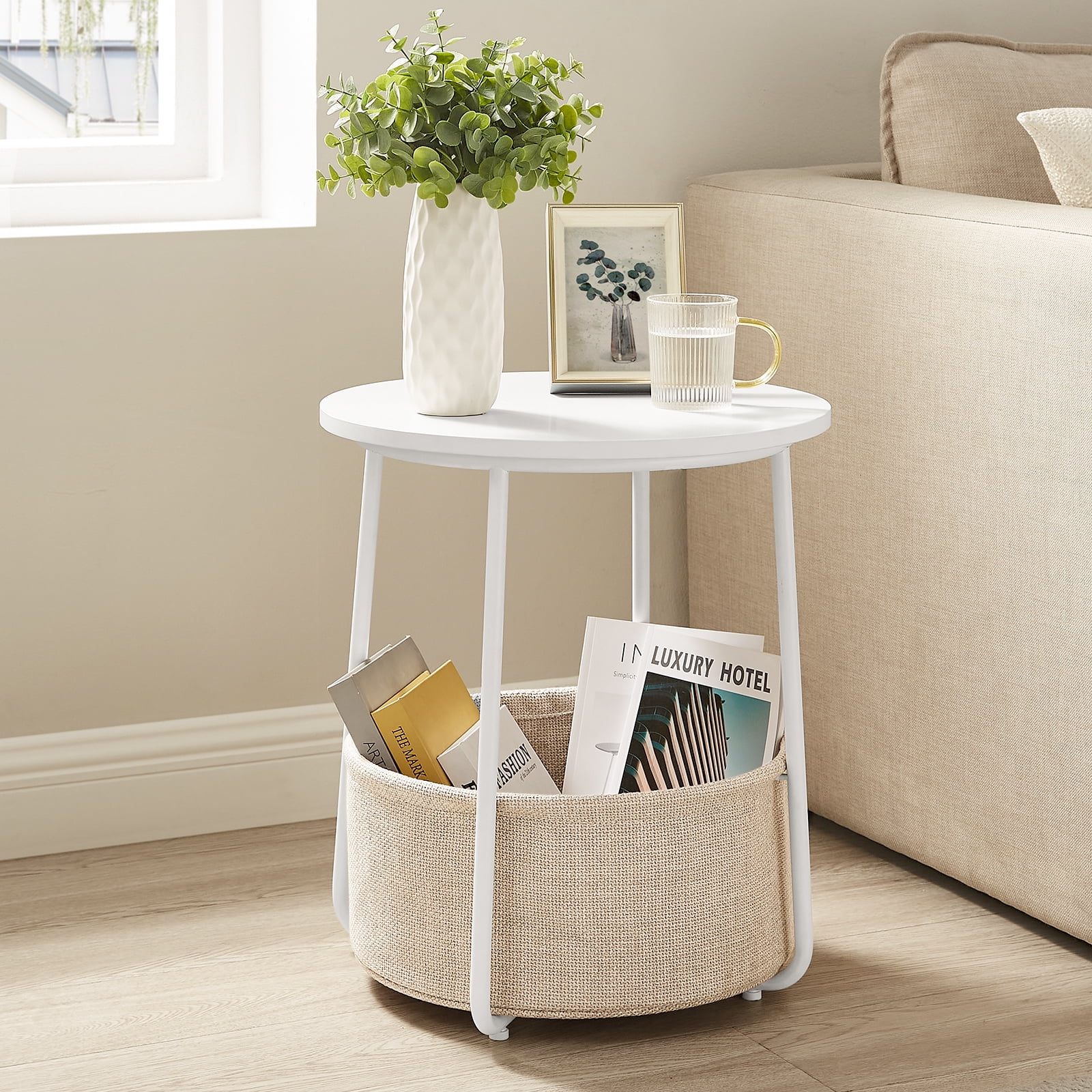 VASAGLE Round End Side Table with Fabric Storage Basket Small Bedside ...