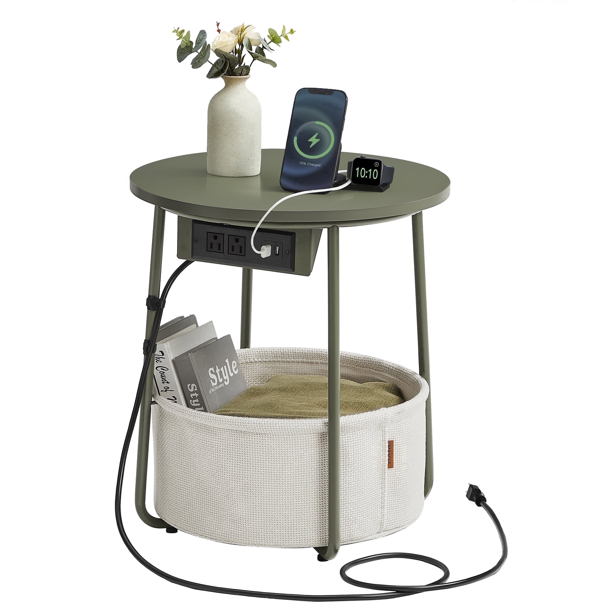 VASAGLE LILEA Collection - Side Table with Charging Station, Round End Table with Fabric Basket, Nightstand with USB Ports, for Living Room, Bedroom, Modern, Forest Green and Cream White
