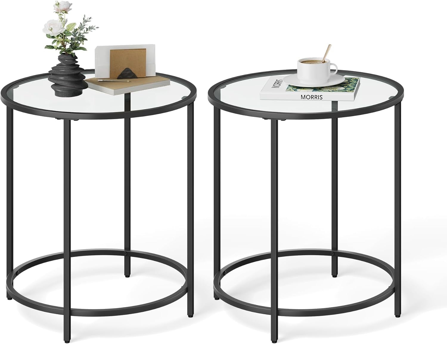 VASAGLE Round Side Tables, Set of 2, Glass End Tables Coffee Tables for Living Room Bedroom Black
