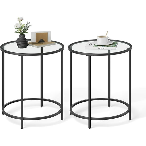 VASAGLE Round Side Tables, Set of 2, Glass End Tables Coffee Tables for Living Room Bedroom Black