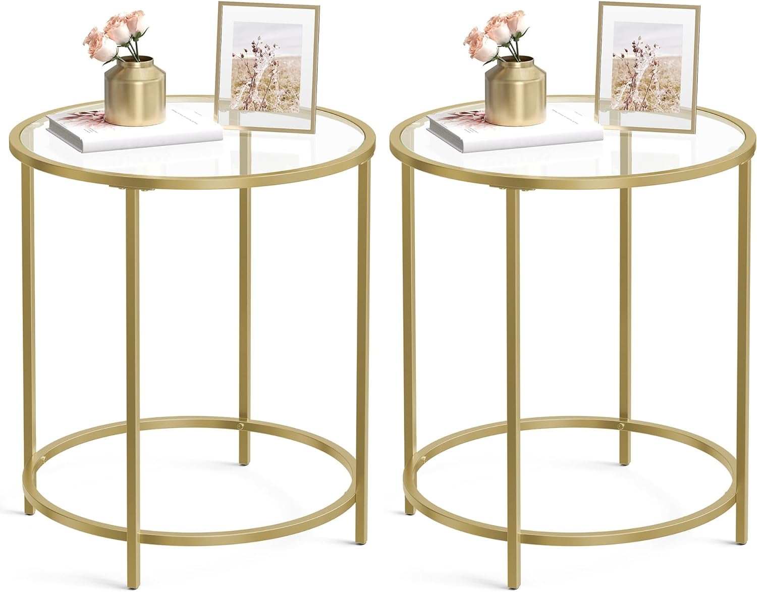 VASAGLE Round Side Tables, Set of 2, Glass End Tables Coffee Tables for Living Room Bedroom Gold