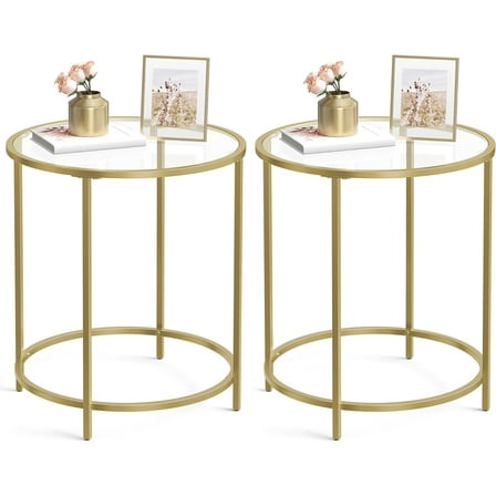 VASAGLE Round Side Tables, Set of 2, Glass End Tables Coffee Tables for Living Room Bedroom Gold