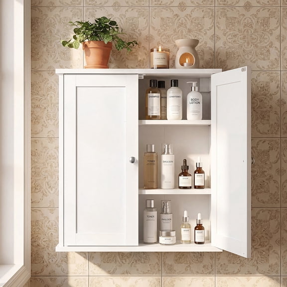 VASAGLE Wall Mounted Cabinet, Bathroom Storage, 2 Doors, Adjustable Shelves, Matte White