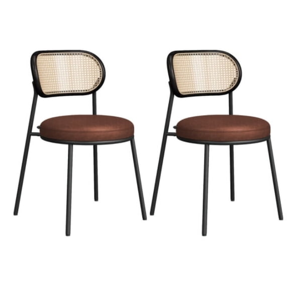 VASAGLE Set of 2 Dining Chairs, Dining Room Chairs with Boho PE Rattan Back, Synthetic Leather Upholstered Accent Chairs for Kitchen Living Room, Coffee Brown
