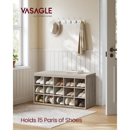 VASAGLE CUSTOS Collection - Shoe Bench, Storage Bench with Padded Seat, Entryway Bench with 15 Compartments, for Bedroom, 11.8 x 41.3 x 18.9 Inches, Heather Greige and Cappuccino Beige