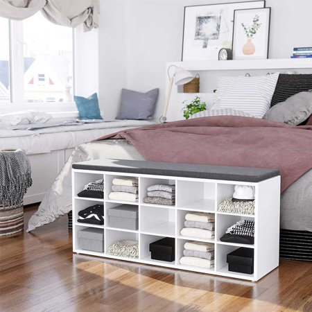 VASAGLE Shoe Bench with Cushion, Storage Bench with 15 Compartments, Holds up to 440 lb, White and Gray