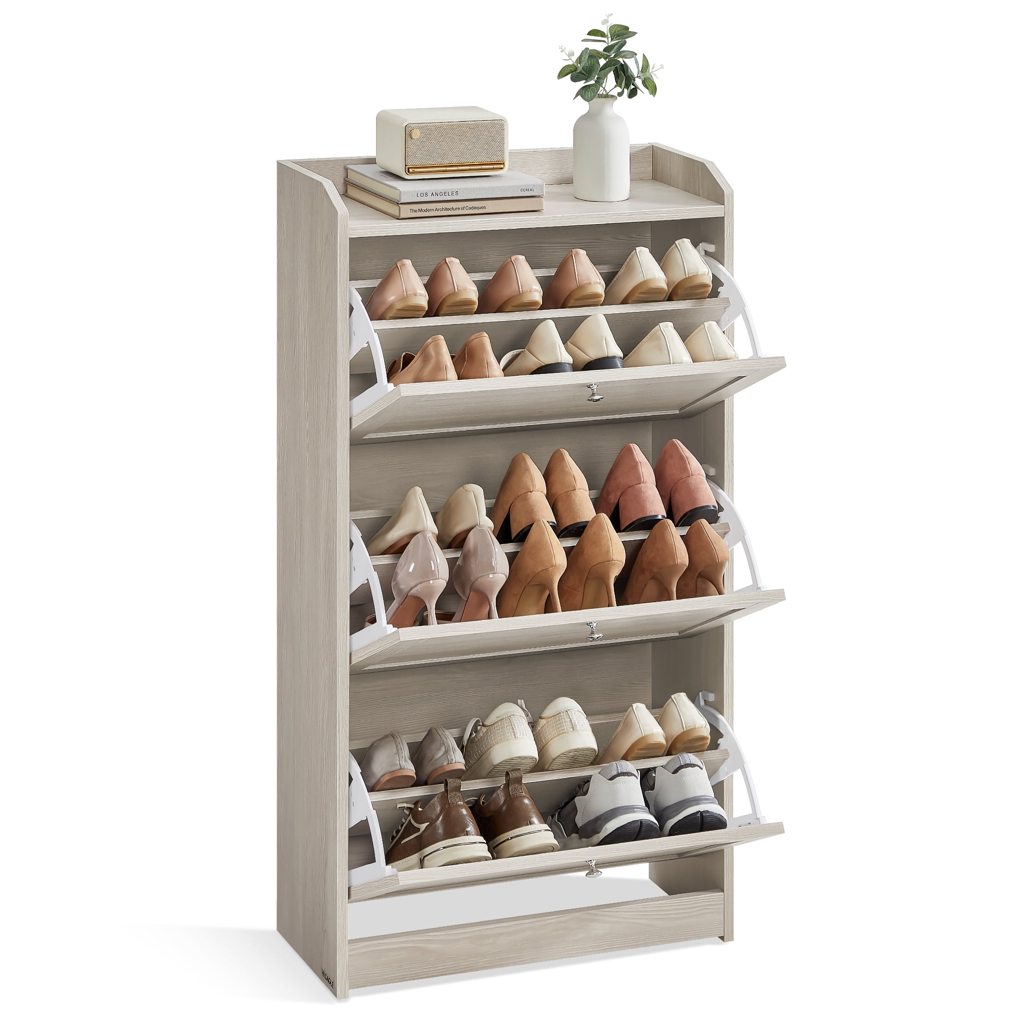 Beige Wooden Shoe Cabinet with 3 Flip Drawers