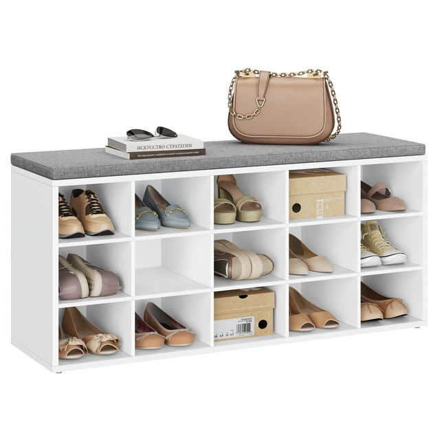 VASAGLE Shoe Rack Bench with Cushion 15 Compartments Sturdy Storage Bench Sturdy Shoes Bench for