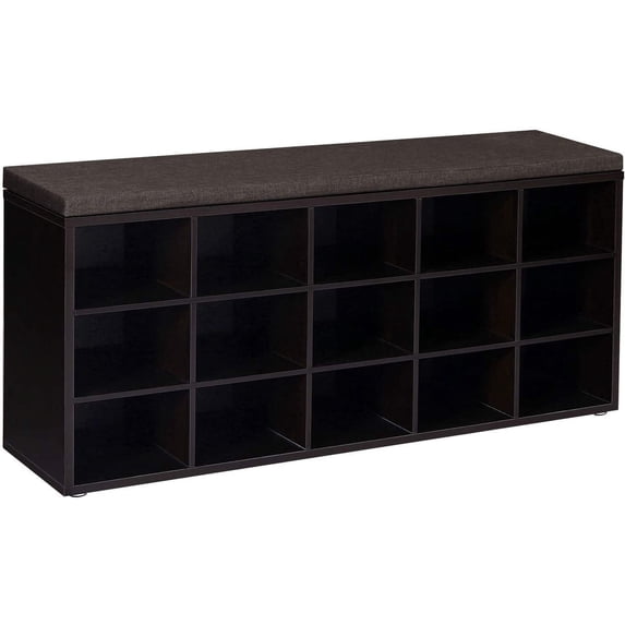 VASAGLE CUSTOS Collection - Shoe Bench, Storage Bench with Padded Seat, Entryway Bench with 15 Compartments, for Bedroom, 11.8 x 41.3 x 18.9 Inches, Espresso Brown and Chestnut Brown