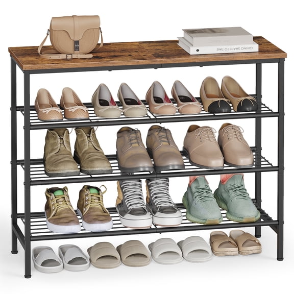 VASAGLE Shoe Rack, Shoe Storage Rack for Closet, Free Standing Metal Organizer Shelf, 4 Tiers, for 12–16 Pairs, Rustic Brown and Ink Black