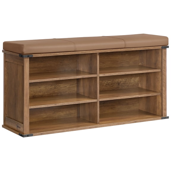 VASAGLE Shoe Storage Bench with Removable Cushion, Shoe Rack with Padded Seat, Entryway Bench with 6 Open Compartmens, Adjustable Shelves, Honey Brown