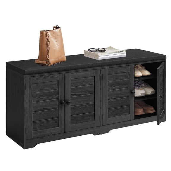 VASAGLE Shoe Storage Bench with Cushion, 3-Tier Entryway Bench with Padded Seat, Doors, Adjustable Shelves, Charcoal Gray and Ink Black