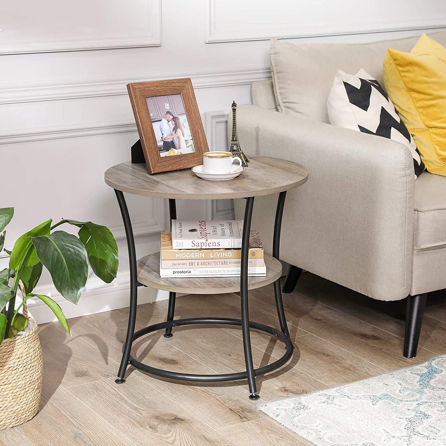 Greige and Ink Black Round Metal Side Table with 2 Shelves