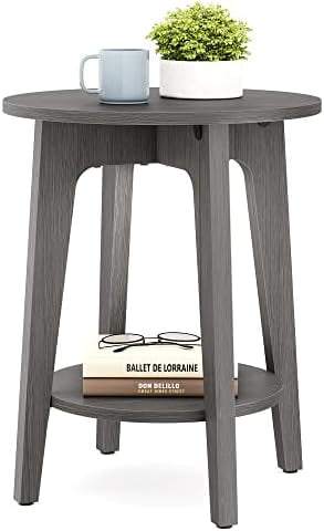 Charcoal Gray Round Particleboard Side Table with Lower Shelf