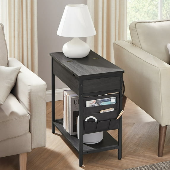 VASAGLE Side Table with Storage, End Table with USB Ports and Outlets, Nightstand with Charging Station, Fabric Bags, for Living Room, Bedroom, Ebonized Oak Finish and Black